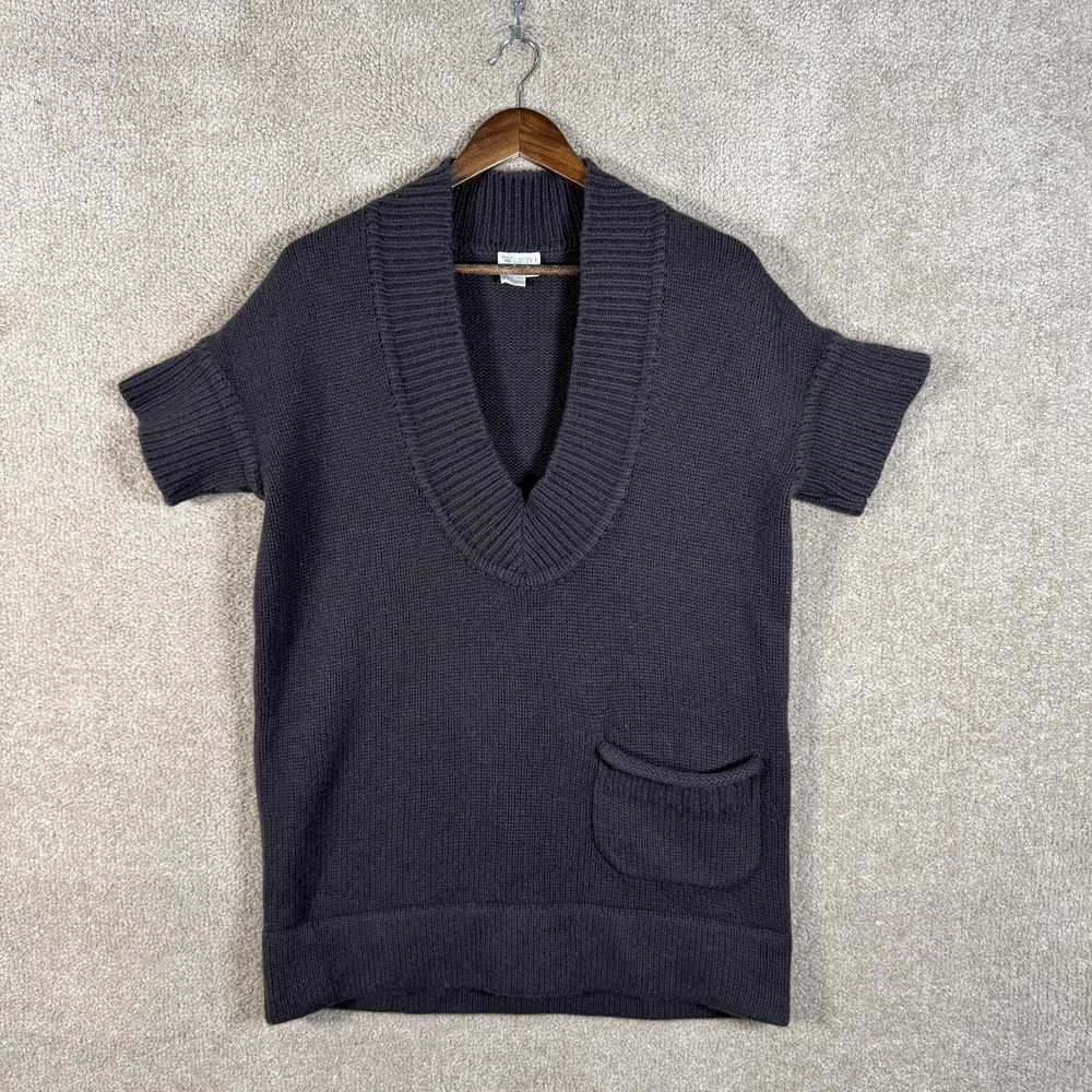 Worth Cashmere Sweater Womens‎ Medium Charcoal Short Sleeve Deep V Tunic Pocket